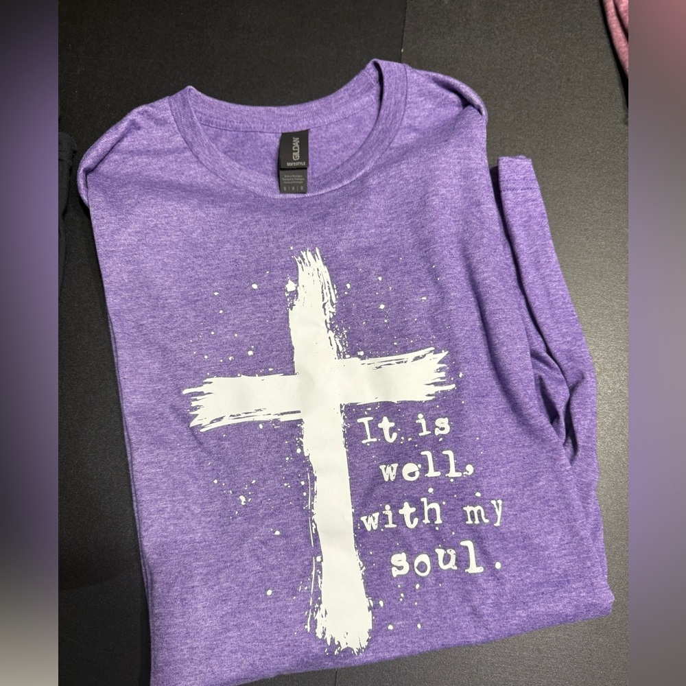 Purple Graphic Tee with Cross Design